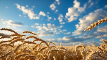 Golden Wheat Field Under a Bright Blue Sky with White Clouds photo