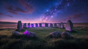 Stone Circle at Night Under Starry Sky Glows with Purple Light photo