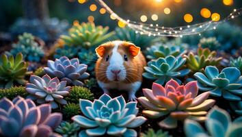 Guinea Pig Among Succulents with Decorative Lights in Garden Setting photo