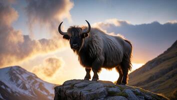 Yak Standing on Rocky Peak in Mountain Landscape at Sunset photo