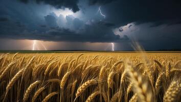 Lightning Strikes Above Wheat Field Under Stormy Dramatic Sky photo