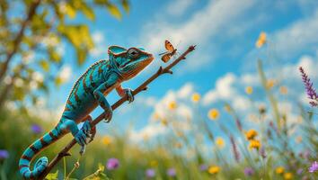 Chameleon on Branch Looking at Butterfly in a Meadow photo