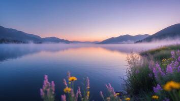 Calm Lake with Morning Mist and Mountain Backdrop at Sunrise photo