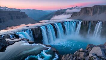 Waterfall Cascading Into Pool with Rocky Cliffs and Mountain Backdrop photo