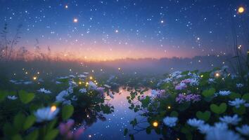 Dreamy Night Scene with Wildflowers and Starry Sky Reflection photo