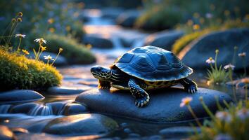 Turtle Sitting on River Rock Surrounded by Wildflowers in Evening Light photo