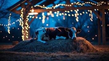 Cow Resting on Hay Bale at Night with Festive String Lights photo