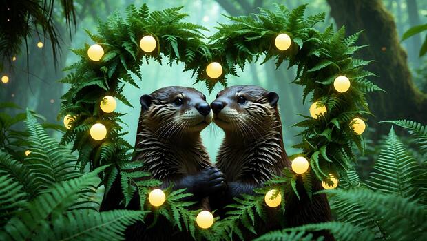 Two Otters Touching Noses Surrounded by Ferns and Glowing Lights photo