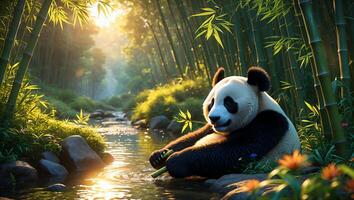 Panda Enjoying Bamboo Near a Flowing Stream in Sunlit Forest photo