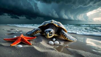 Turtle on Beach with Starfish and Eggs Under Dramatic Sky photo