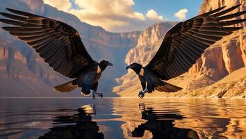 Birds Landing on Water with Canyon Mountains and Sky Reflection photo