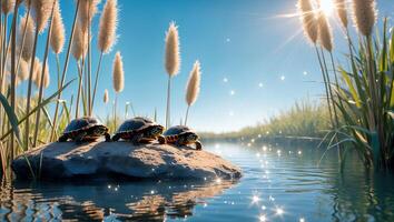 Three Turtles Resting on Rock in Calm Water with Sparkling Sunlight photo