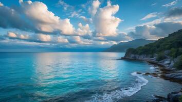 Ocean Scenery Calm Azure Water Meet Coastline Under Cloudy Blue Sky photo
