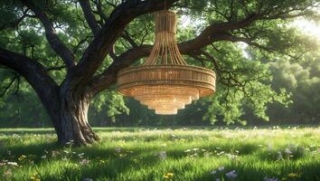 Hanging Chandelier in Meadow with Wildflowers and Sunlight Shining Through Trees photo