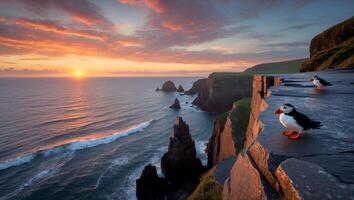 Puffin Standing on Cliffside Overlooking Ocean at Scenic Sunset photo