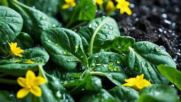 Fresh Spinach Growing with Yellow Flowers and Water Droplets photo
