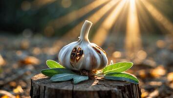 Garlic Head with Sage Leaves on Wood Stump with Sunlight photo