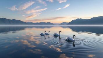 Swans Swimming on Calm Lake with Mountain Backdrop and Reflective Sky photo