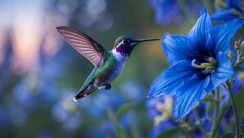 Hummingbird Hovering Near Blue Flower in a Natural Garden Setting photo