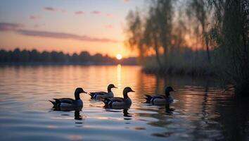 Ducks Swimming on a Lake at Sunset with Orange Sky Reflection photo