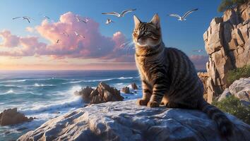 Cat Sitting on Rocks Overlooking Ocean Waves with Birds Flying photo
