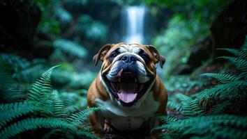 Happy Dog Sits in a Lush Forest Near a Cascading Waterfall photo