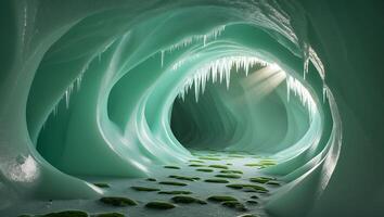 Exploring Ice Cave with Icicles and Moss Patches in Glistening Tunnel photo
