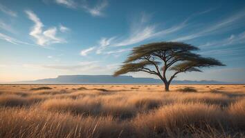 Solitary Tree Stands Tall in Vast Grassy Plains Under a Blue Sky photo