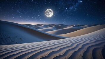 Desert Dunes at Night with Full Moon and Starry Sky photo
