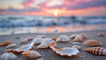 Seashells on Sand Beach at Sunset with Ocean Waves photo