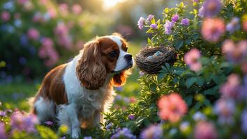 Dog Observing Nest with Decorative Eggs in a Flower Garden photo
