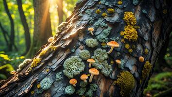 Mushrooms and Lichen Growing on a Mossy Tree Trunk in Forest photo