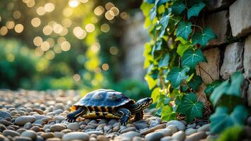 Turtle Walking on Pebbles Near Ivy Covered Wall in Sunlight photo
