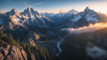 Majestic Mountain Range with Snow-capped Peaks and Forest Valley View photo
