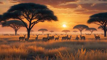Deer Grazing in African Savannah at Golden Sunset with Trees photo