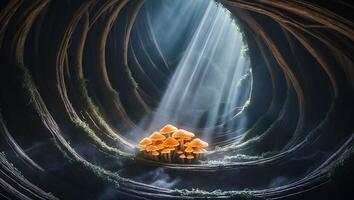 Mushroom Cluster Glowing in Forest with Light Rays Shining Through photo