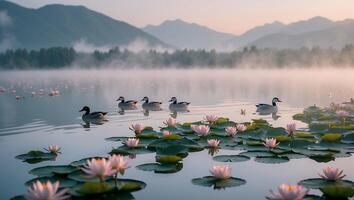 Ducks Swimming on Foggy Lake with Water Lilies and Mountain View photo