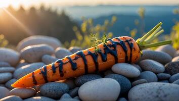 Carrot with Drizzle and Thyme Resting on Rocks with Sunset View photo