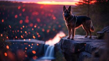 Dog Staring at Sunset Waterfall From Cliff's Edge with Glowing Lights photo