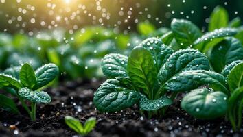 Growing Young Spinach Plants in a Garden with Water Droplets photo