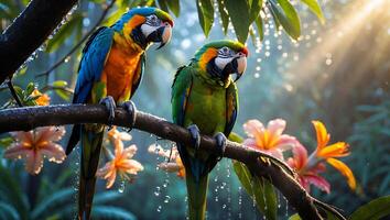 Parrots Perched on Branch in Tropical Setting with Flowers photo