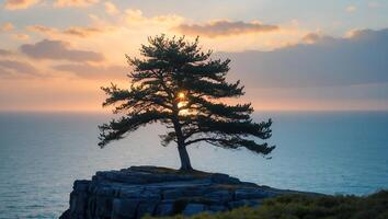 Lone Tree on Rocky Cliff at Sunset Overlooking the Ocean photo