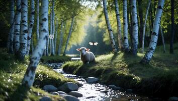 Sheep Resting Near Forest Stream with Sunlight and Flying Insect photo