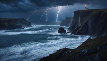 Lighthouse on Coastal Cliff with Lightning Storm Over the Ocean photo