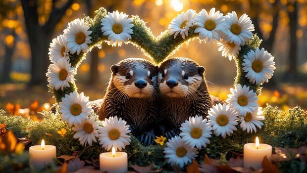 Two Otters Hugging in Flower Heart with Candles in Forest photo