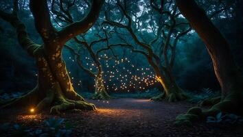 Walking Path Through Enchanted Forest with Glowing Lights and Mossy Trees photo