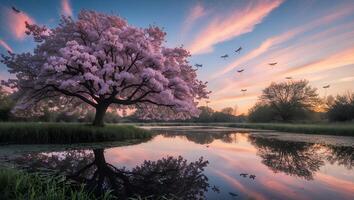 Blossom Tree Reflecting in Calm Water at Sunset with Dragonflys photo