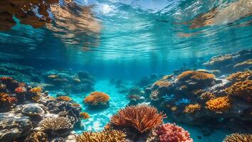 Underwater Coral Reef Landscape with Sunlight Filtering Through Clear Water photo