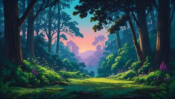 Enchanted Forest Meadow at Dusk with Colorful Sky and Lush Vegetation photo