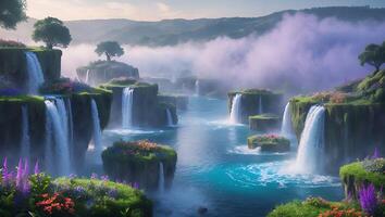 Cascading Waterfalls and Misty Landscape Scenery with Lush Greenery photo